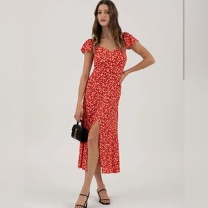 & Other Stories Red Floral Midi Dress With Sweetheart Neckline, Front Slit